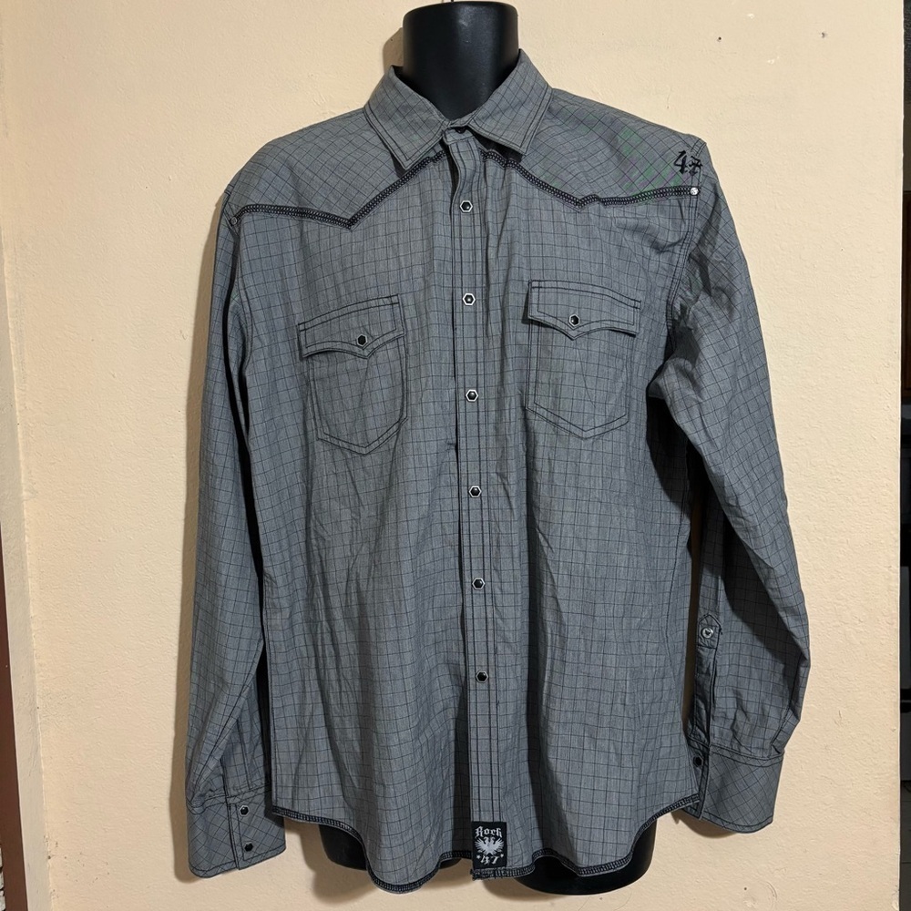 Rock 47 Wrangler Shirt Mens Pearl Snap Western Embroidered Grey Long Sleeve sz L - Picture 9 of 11